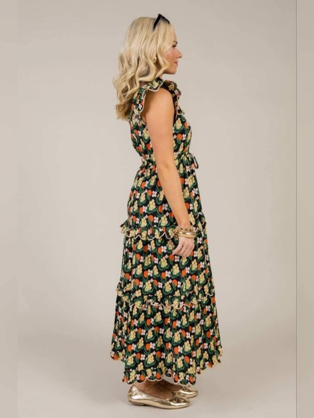 Scallop Trim Floral Maxi, Black - Picture 3 of 9